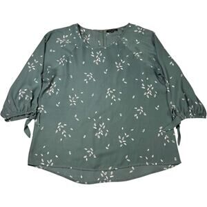 PaperMoon Women’s Green Floral Blouse Top Size M 3/4 Sleeve Back Zip Casual